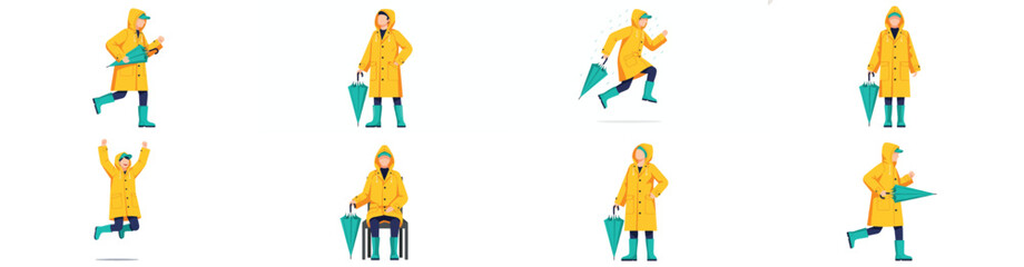 Person in raincoat with umbrella in various poses
