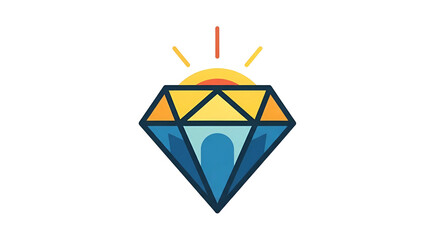 Gem with sun overtop, with radiating gold lines, against black