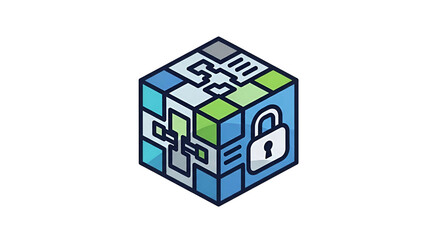 Cube with a padlock, geometric shapes in various colors against black