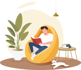 Man reading a book in a cozy chair with his cat vector
