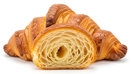 Fototapeta premium Delicious Homemade Croissants Flaky Pastry Cut in Half Showing Layers