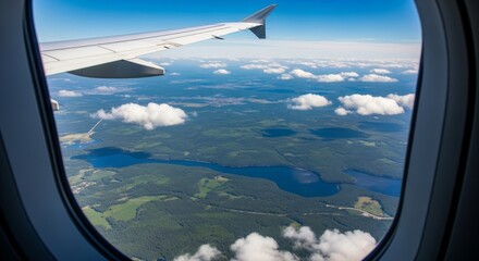 Fototapeta premium Airplane Wing Above Forested Landscape and Lakes