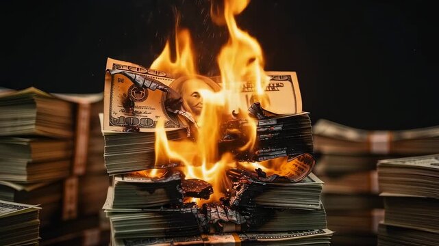 Burning stacks of US dollar bills with bright orange flames on black background symbolizing financial loss