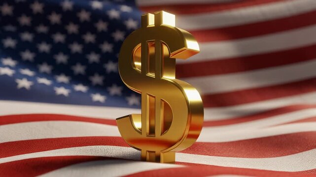 Golden dollar symbol standing on waving American flag representing US economy and financial strength