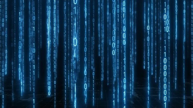 Futuristic digital data streams with glowing binary code in a dark virtual space for technology concept