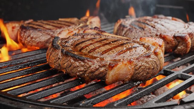 Steaks Grilling on Open Flame