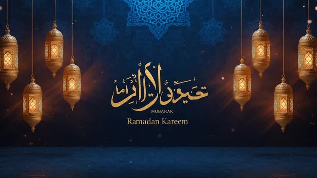 Ramadan Kareem Arabic Calligraphy With Lanterns on Blue Background
