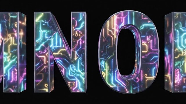 Vibrant glowing circuit board letters M N O P on a dark background.