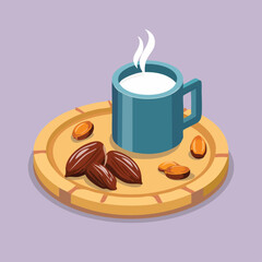 Cup of milk and dates on a wooden tray vector