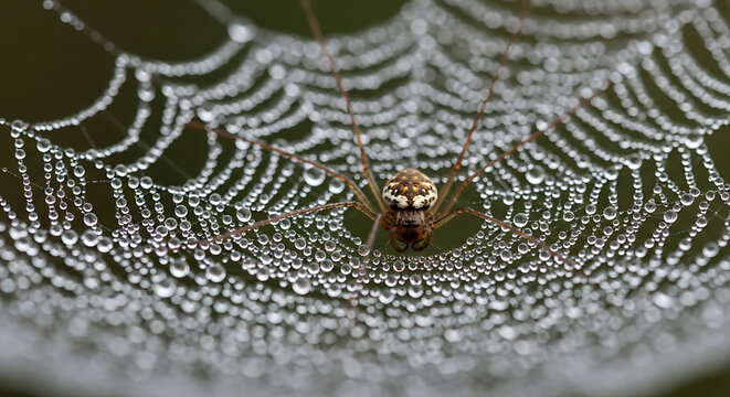 Spider on Web with Dew Drops in Morning Light