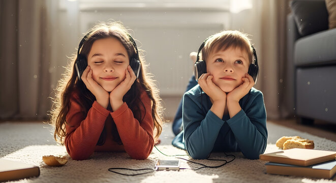Two young siblings lying on a rug with headphones listening to music or a podcast in a bright room