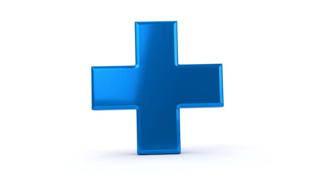 Glossy, blue, three-dimensional plus sign casting a soft shadow on a white background