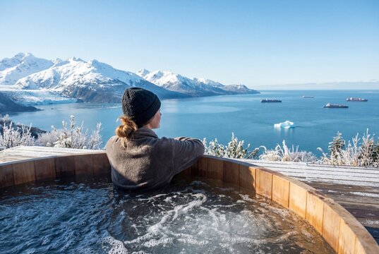 Rear view of woman relaxing in cedar hot tub with panoramic winter mountain and sea view