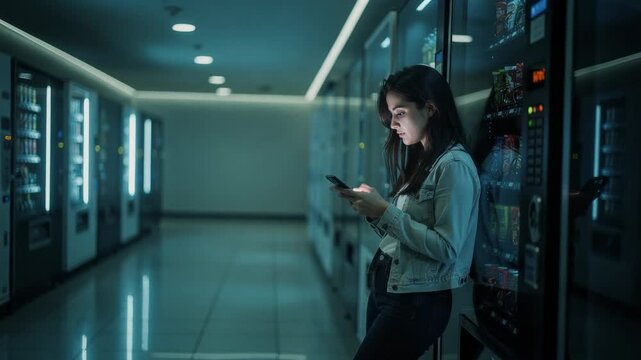 Young woman using smartphone in modern hallway with vending machines at night
