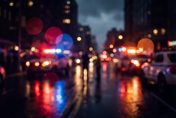 Bokeh lights of emergency vehicles on wet city street at night with blurred police cars