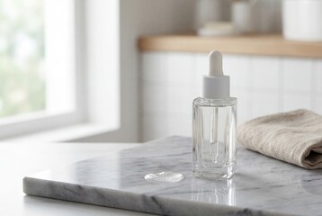 Clear glass dropper bottle with cosmetic serum drop and linen cloth on marble surface