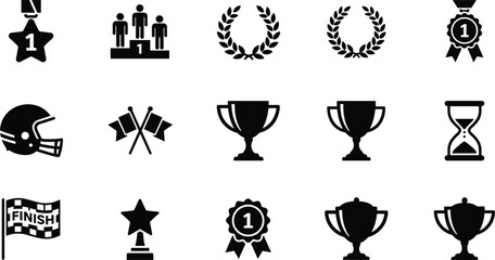Winner award and competition icon set with trophies medals podium laurel wreath and victory symbols © V Stock