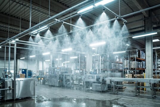 Active industrial fire sprinkler system spraying water mist in a factory warehouse