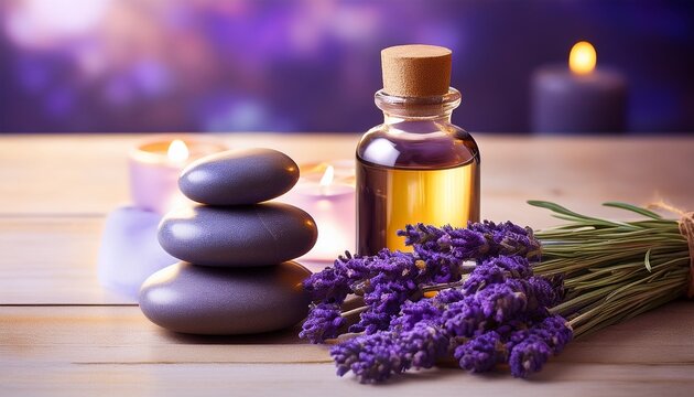 Lavender Aromatherapy With Smooth Stones And Essential Oil For Wellness Relaxation Skincare And A Natural Spa Experience Beautiful And Serene