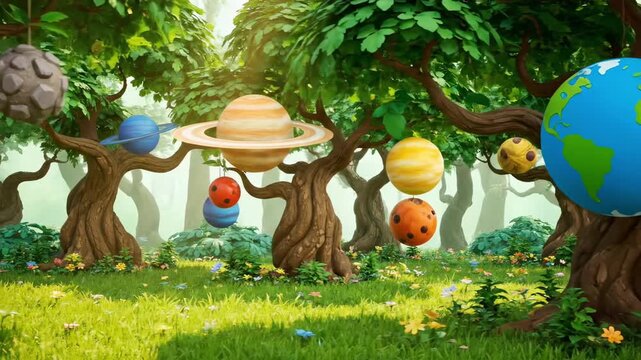 Colorful cartoon illustration of the solar system amidst lush green trees and grass.