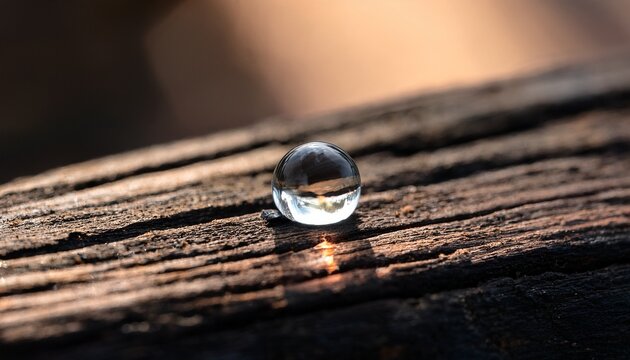 A Singular Droplet Of Pure Water Suspended Above Charred Wood Reflecting Light
