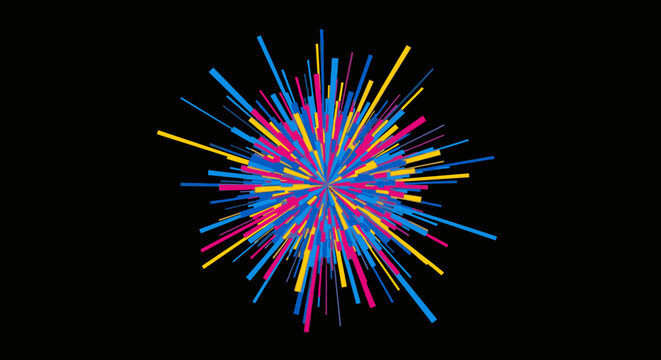 An energetic abstract burst of multicolored light streaks outward, forming a captivating and modern design against a deep black canvas.