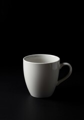 A clean, white porcelain cup rests perfectly centered on a deep, dark black surface, emphasizing purity and dramatic contrast and form ,bright ,porcelain ,abstract