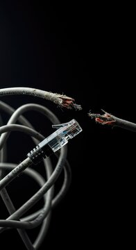 A close-up shot of dusty, tangled network cables disconnected from any device, showing failure and isolation of technological infrastructure ,lost ,tangled ,maintenance