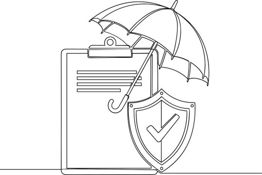 Continuous one line drawing of clipboard with umbrella and shield for insurance policy protection and financial security concept.