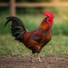 A colorful male chicken standing proudly on a farm, displaying vibrant tail feathers and a bright red comb at sunrise or midday ,colorful ,proud ,agriculture