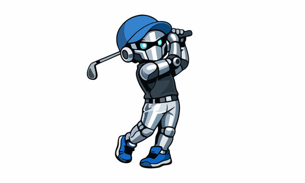 Futuristic robotic golfer in action cartoon illustration