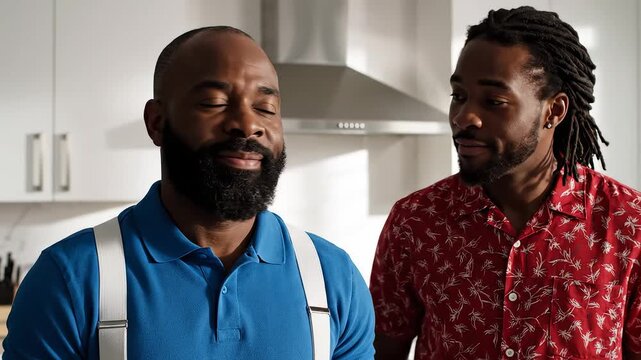 Two men in a kitchen with eyes closed