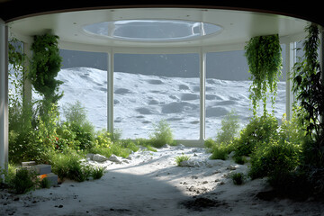 View of a lunar landscape from a space habitat with plants growing inside the structure during a clear day