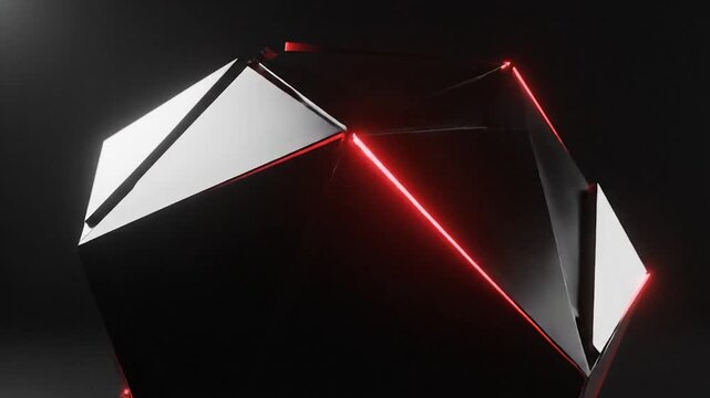 A futuristic dark geometric object with sharp facets illuminated by vibrant red