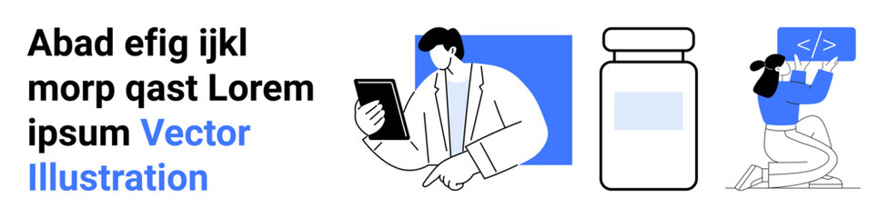 Healthcare services, programming, online consultation, technology, professional work, innovation. A doctor with a tablet, a medicine bottle and a programmer coding. Healthcare services