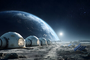 Future bases on the moon show humanity's advancement in space exploration and habitat development with Earth visible in the background