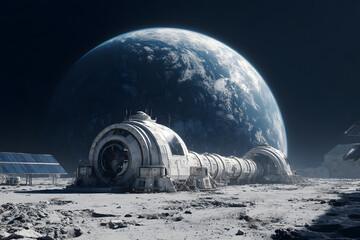 View of structures on the moon with Earth visible in the background during nighttime