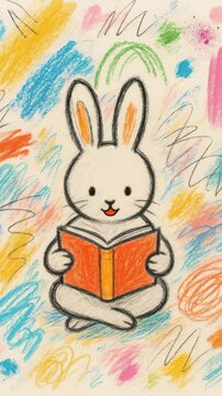 A playful, colorful illustration of a bunny reading a book, captured from a top-down angle. Perfect for a children's video or educational content. Live mobile wallpaper.