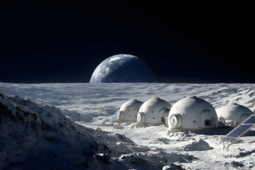 Exploration base on moon surface with Earth visible in the background during lunar day