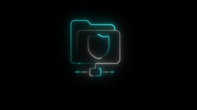Data file with padlock showing concept animated icon of secure folder, data security vector ,Neon laptop displaying secure document encryption digital technology..4K.