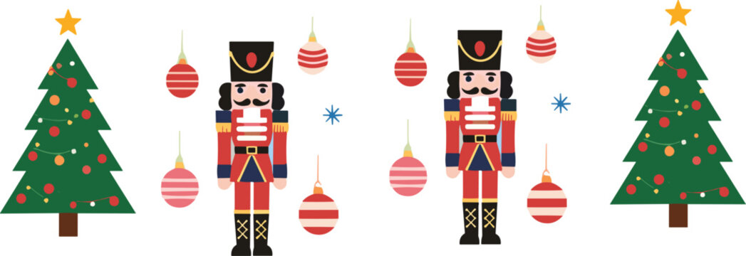 Festive Christmas vector illustration featuring nutcracker soldiers decorated trees ornaments and seasonal holiday winter celebration design