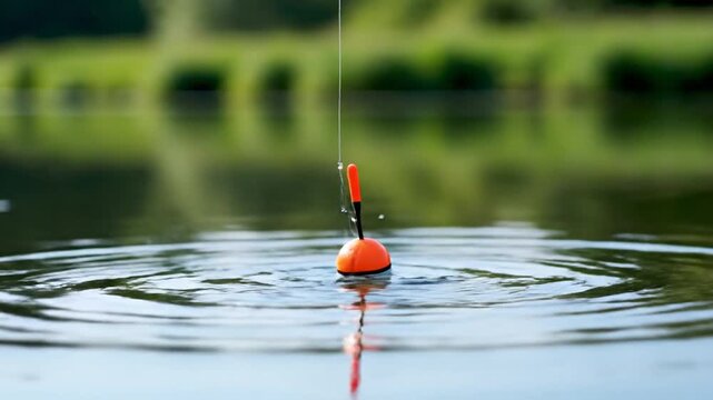 A fishing float bobs in water, with ripples spreading from it. Blurry green background