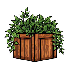 A large wooden planter filled with lush green plants and flowers isolated on transparent background