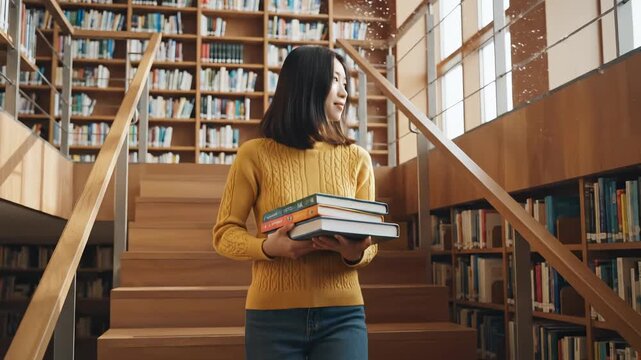 Woman holding books in library