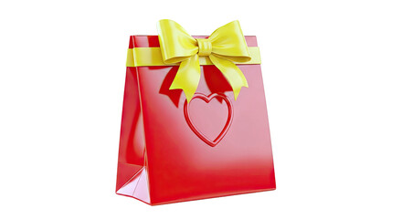 Red gift bag with yellow bow and heart design