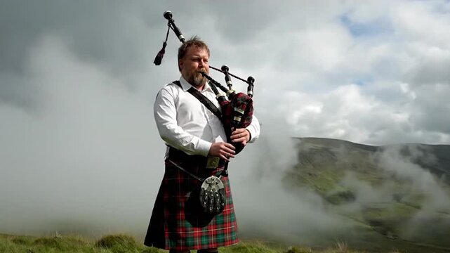 Scottish Bagpiper Playing Music in the Misty Highlands Landscape.