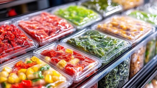 Various fresh fruits and vegetables packaged in clear plastic containers displayed on retail shelves