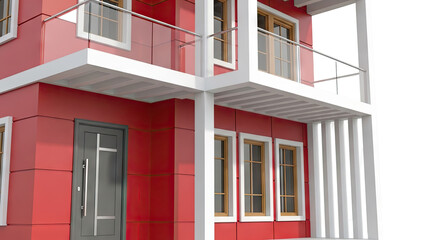 Modern Red House Exterior with Balcony and Windows