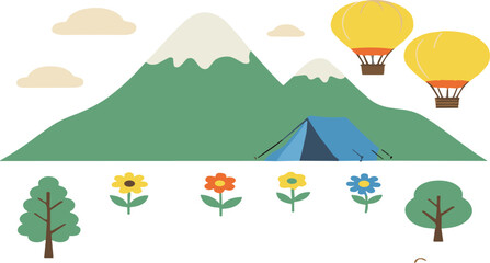 Flat vector landscape illustration featuring mountains campsite tent trees flowers and hot air balloons adventure travel concept © Sumon Creative