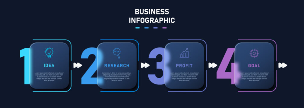 Modern business infographic template designed in glassmorphism style featuring a 4-step process layout with transparent frosted glass panels and neon blue gradient glow